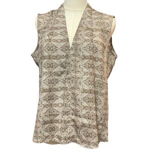 Cream/ Khaki Graphic Print Sleeveless Top w/ V-Neck